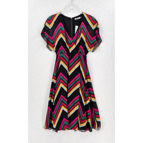 ALICE + OLIVIA Midi Dress Womens 2 Black Rainbow Multi Chevron Burnout Tie Waist - Picture 7 of 16